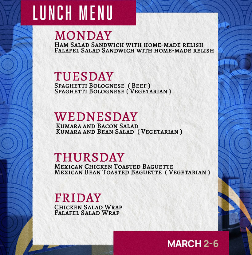 Dargaville High School March 2-6 lunch menu